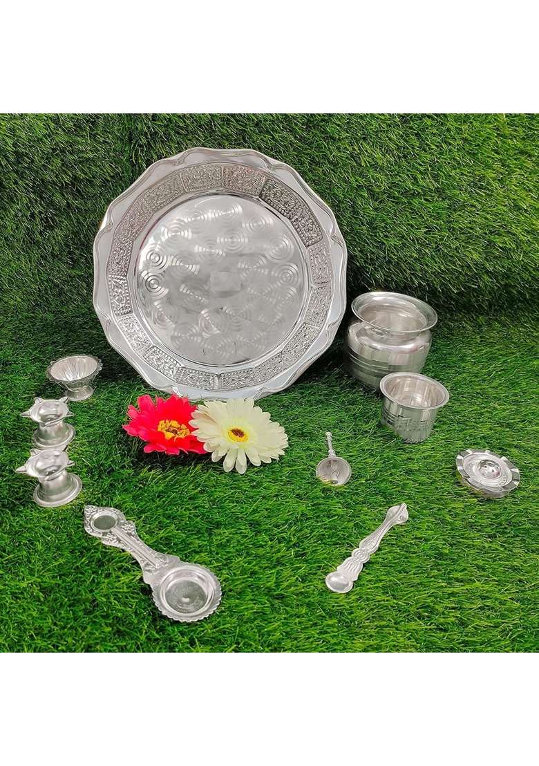 Pure German Silver Pooja Thali Set Silver Plated with 12 and Half Inch Plate Bowl Agarbatti Stand Palli Kalash - Indya