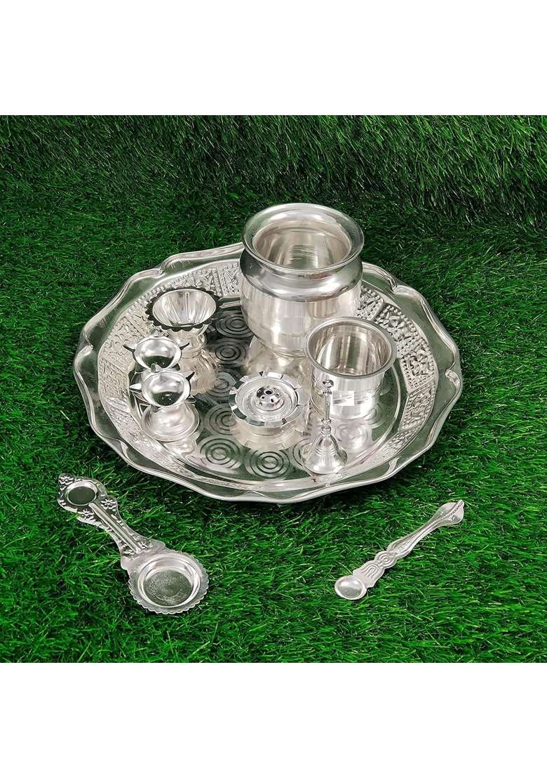 Pure German Silver Pooja Thali Set Silver Plated with 12 and Half Inch Plate Bowl Agarbatti Stand Palli Kalash - Indya