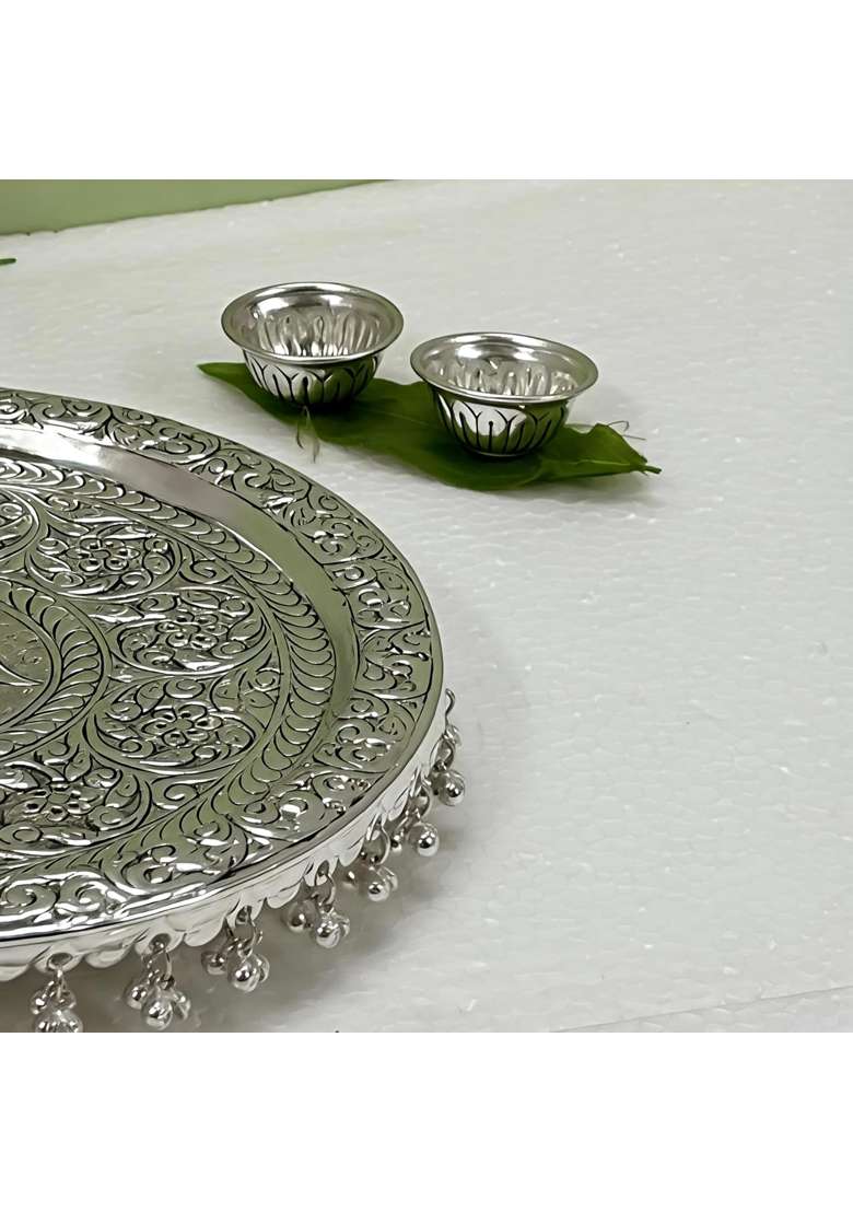 German Silver Pooja Aarti Thali Diameter 10 with Full Ghungroo Layer Home Temple Mandir - Indya
