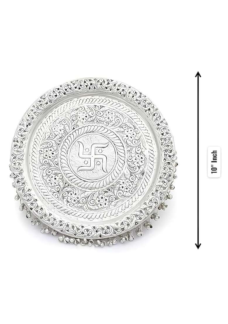 German Silver Pooja Aarti Thali Diameter 10 with Full Ghungroo Layer Home Temple Mandir - Indya
