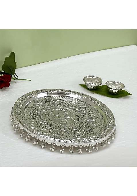 German Silver Pooja Aarti Thali Diameter 10 with Full Ghungroo Layer Home Temple Mandir