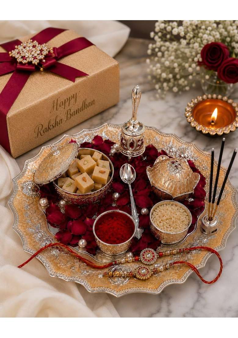Rakhi Pooja Thali Set with Silver Toned Decorative Accessories - Indya