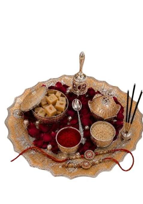 Rakhi Pooja Thali Set with Silver Toned Decorative Accessories