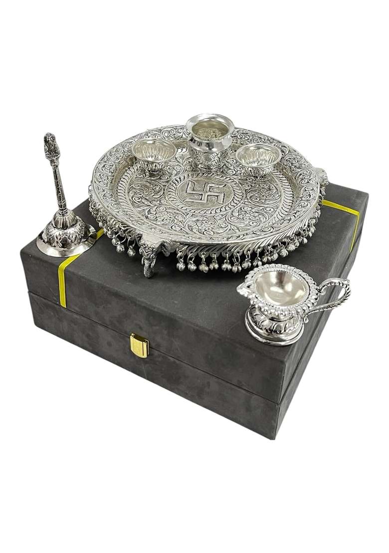 MLS Handicrafts German Silver Antique Pooja Thali with Full Ghungru Layer Home Mandir Decorative Pooja Plate - Indya