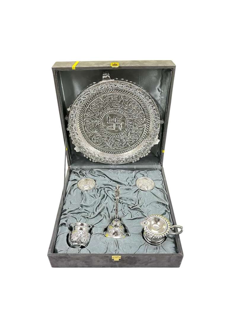 MLS Handicrafts German Silver Antique Pooja Thali with Full Ghungru Layer Home Mandir Decorative Pooja Plate - Indya