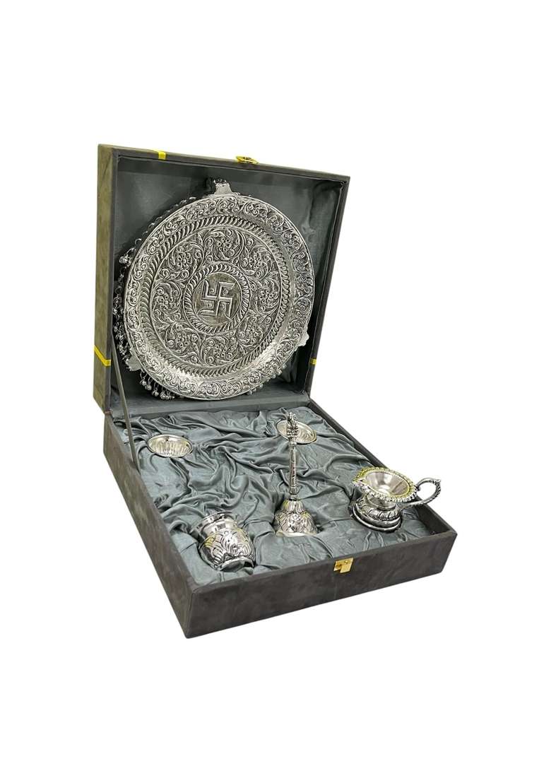 MLS Handicrafts German Silver Antique Pooja Thali with Full Ghungru Layer Home Mandir Decorative Pooja Plate - Indya