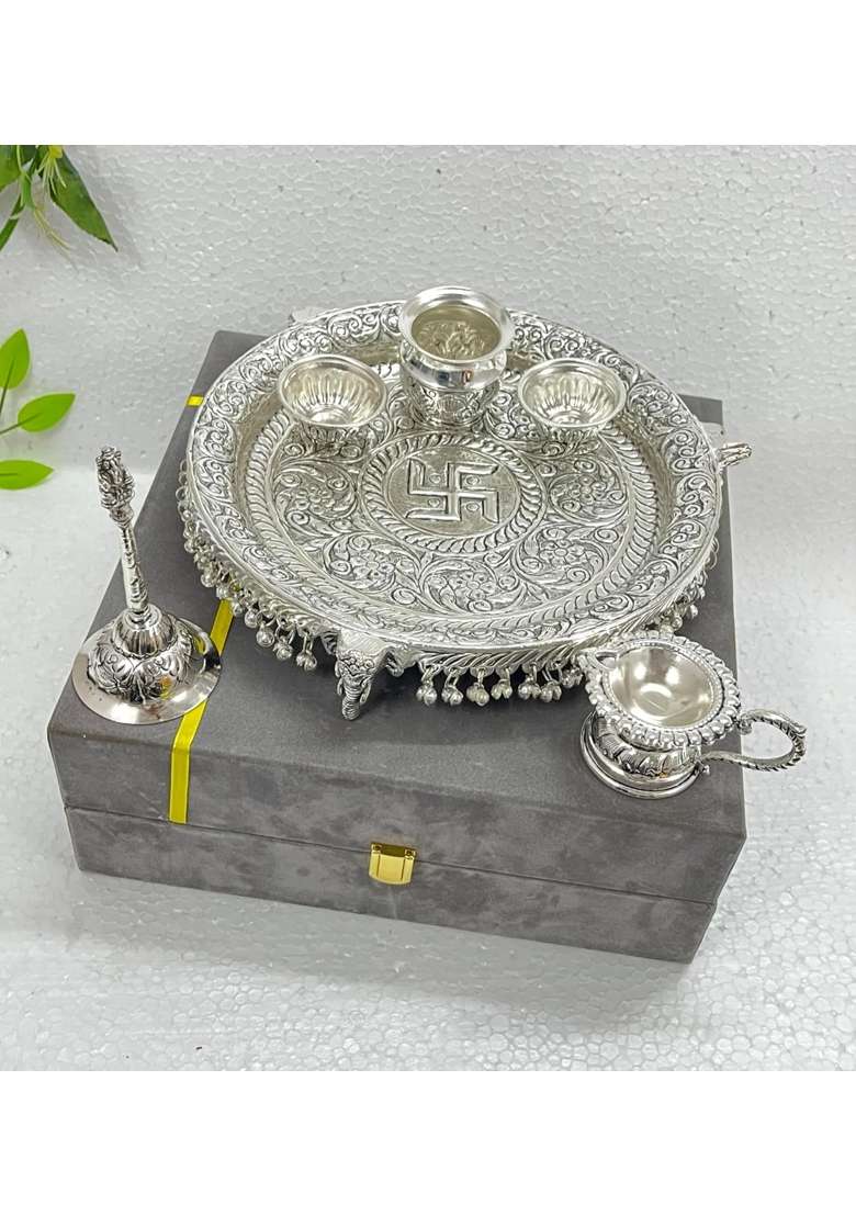MLS Handicrafts German Silver Antique Pooja Thali with Full Ghungru Layer Home Mandir Decorative Pooja Plate - Indya