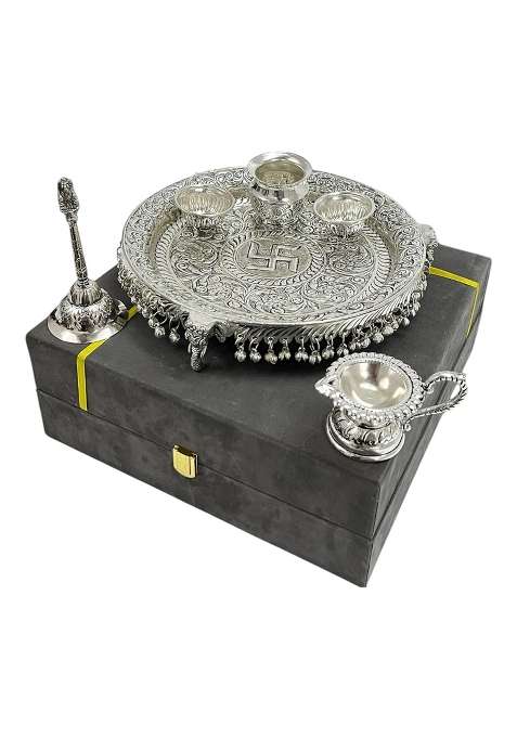 MLS Handicrafts German Silver Antique Pooja Thali with Full Ghungru Layer Home Mandir Decorative Pooja Plate