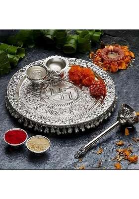 MLS Handicrafts German Silver Heavy Pooja Thali Diameter 10 with Full Ghungroo Layer for Home Temple