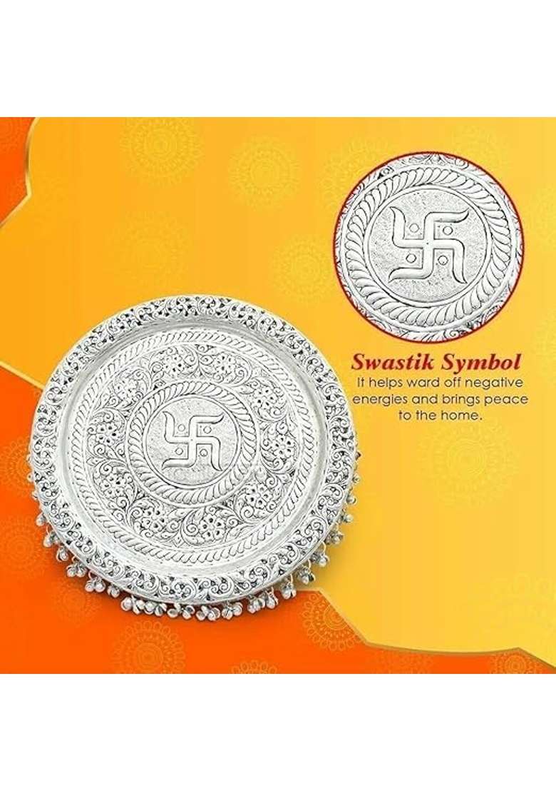 MLS Handicrafts German Silver Heavy Pooja Thali Diameter 10 with Full Ghungroo Layer for Home Temple - Indya