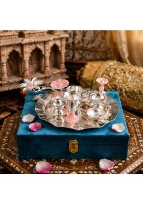 Realtrend Premium Pure German Silver 7 PES Silver Pooja Thali Set with Velvet Box
