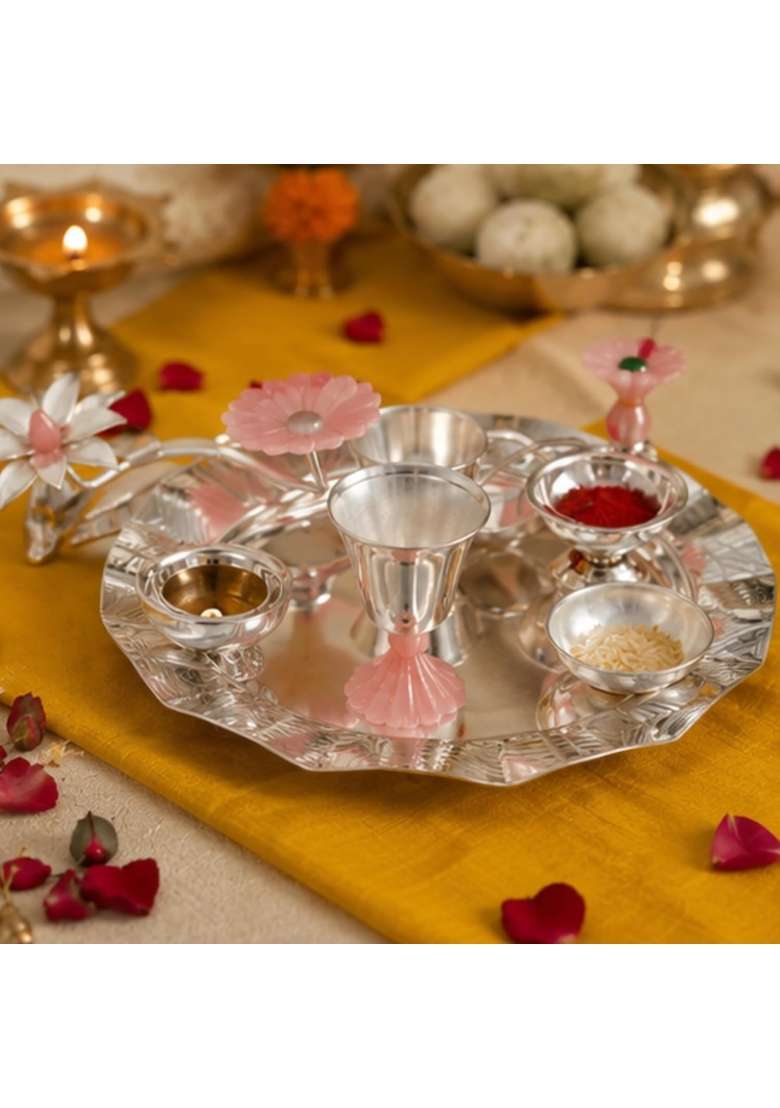 Realtrend Premium Pure German Silver 7 PES Silver Pooja Thali Set with Velvet Box - Indya