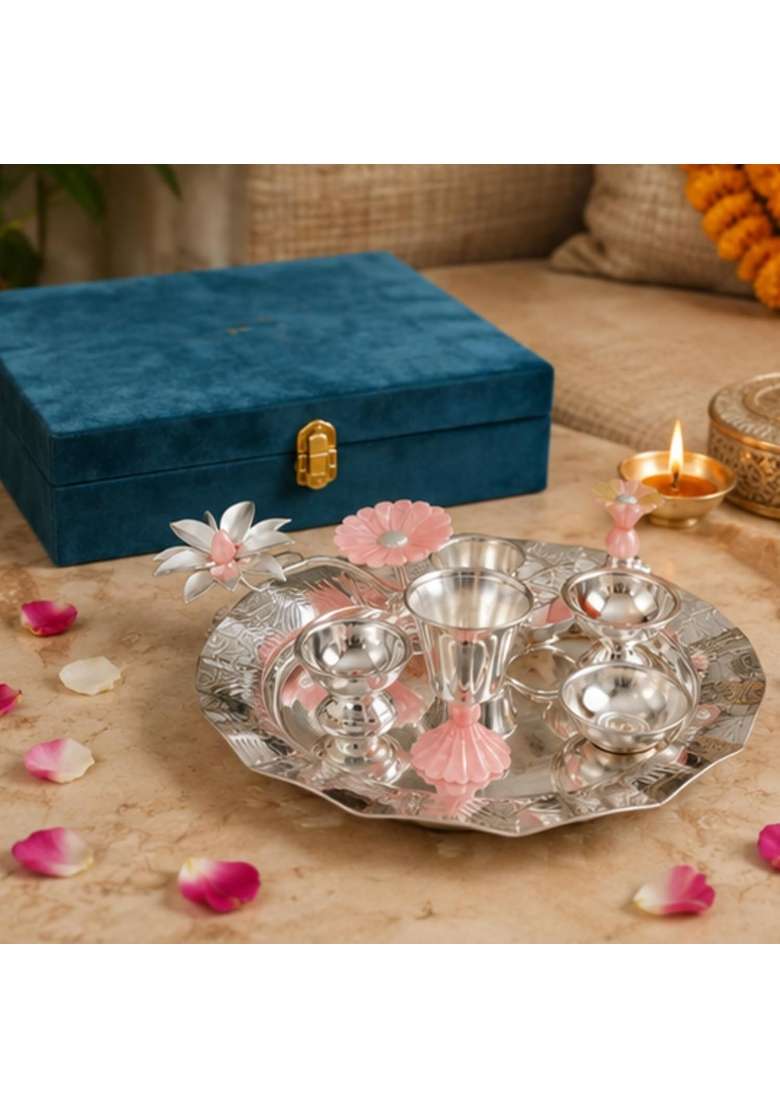 Realtrend Premium Pure German Silver 7 PES Silver Pooja Thali Set with Velvet Box - Indya