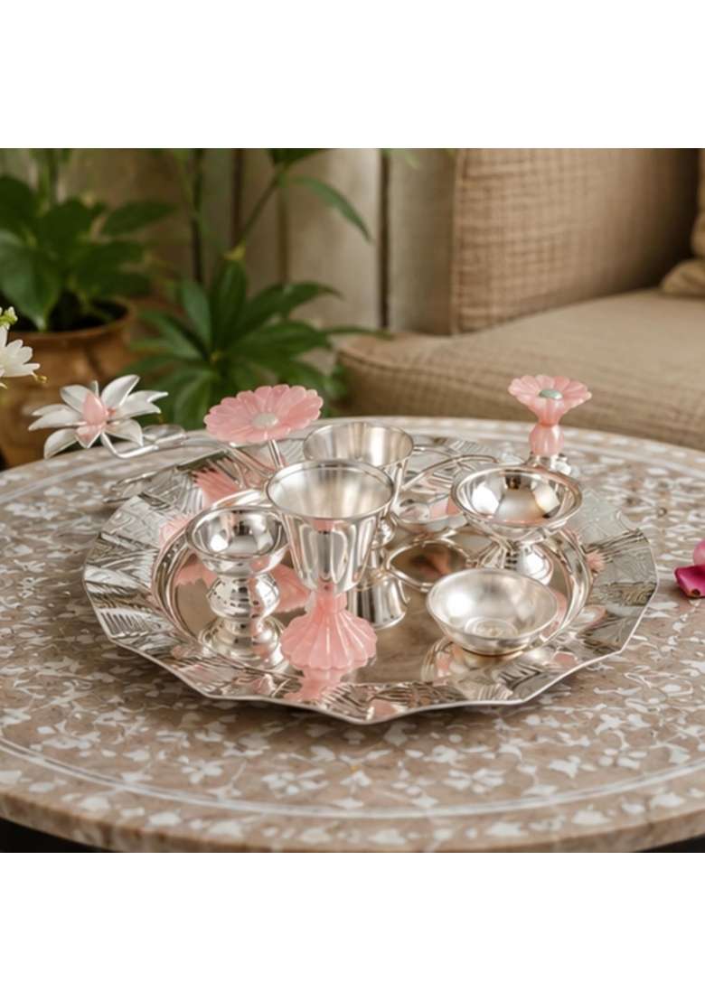 Realtrend Premium Pure German Silver 7 PES Silver Pooja Thali Set with Velvet Box - Indya