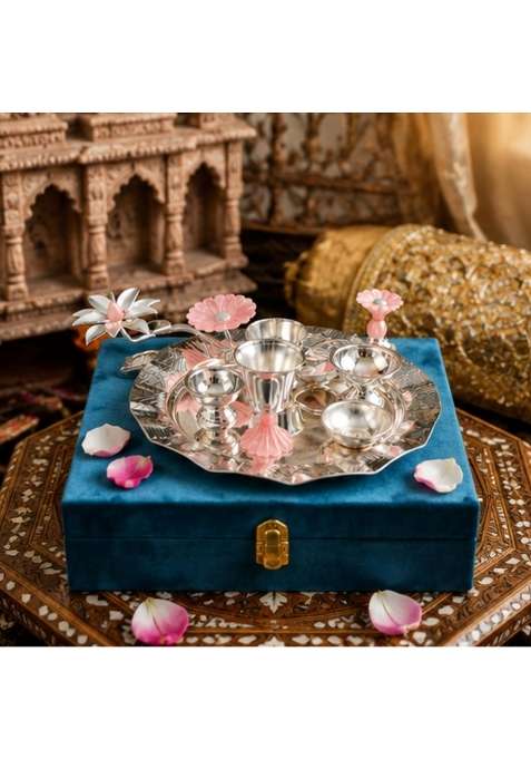 Realtrend Premium Pure German Silver 7 PES Silver Pooja Thali Set with Velvet Box