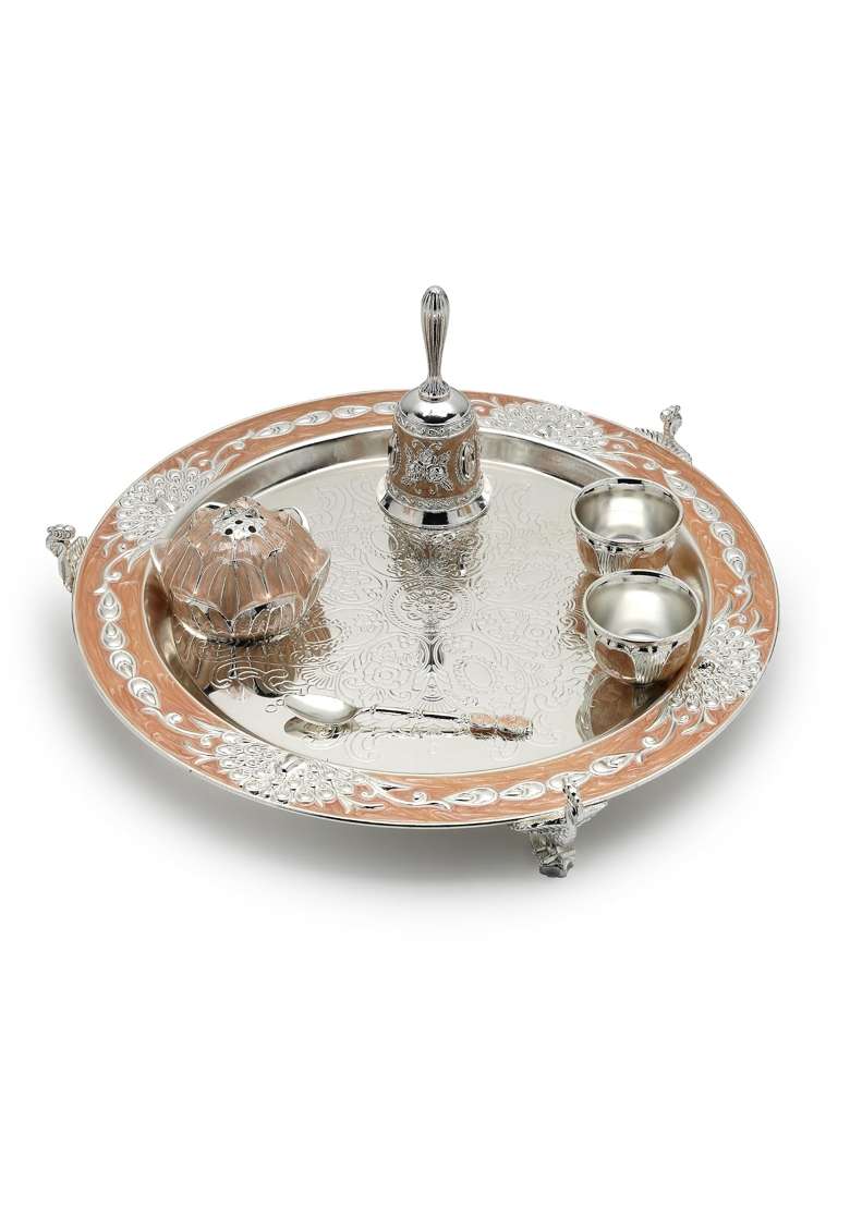 Dora Gifting German Silver Aarti Pooja Thali Set for Home Mandir 12 Pooja Aarti Thali Set with 5 Pooja Items - Indya