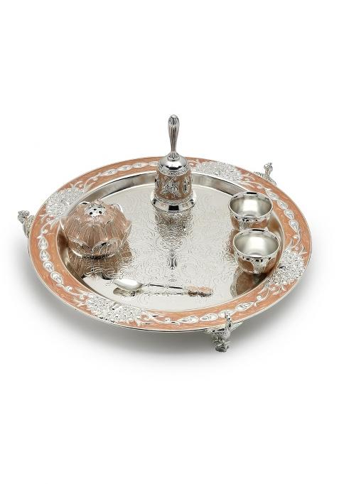 Dora Gifting German Silver Aarti Pooja Thali Set for Home Mandir 12 Pooja Aarti Thali Set with 5 Pooja Items