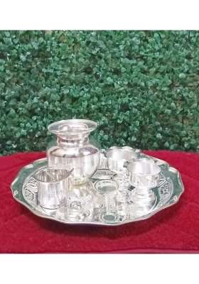Arya Kitchen Silver Pooja Thali Set with Kalash and Diya Holders 8 Pieces 15 Point 24 CM 620 Grams