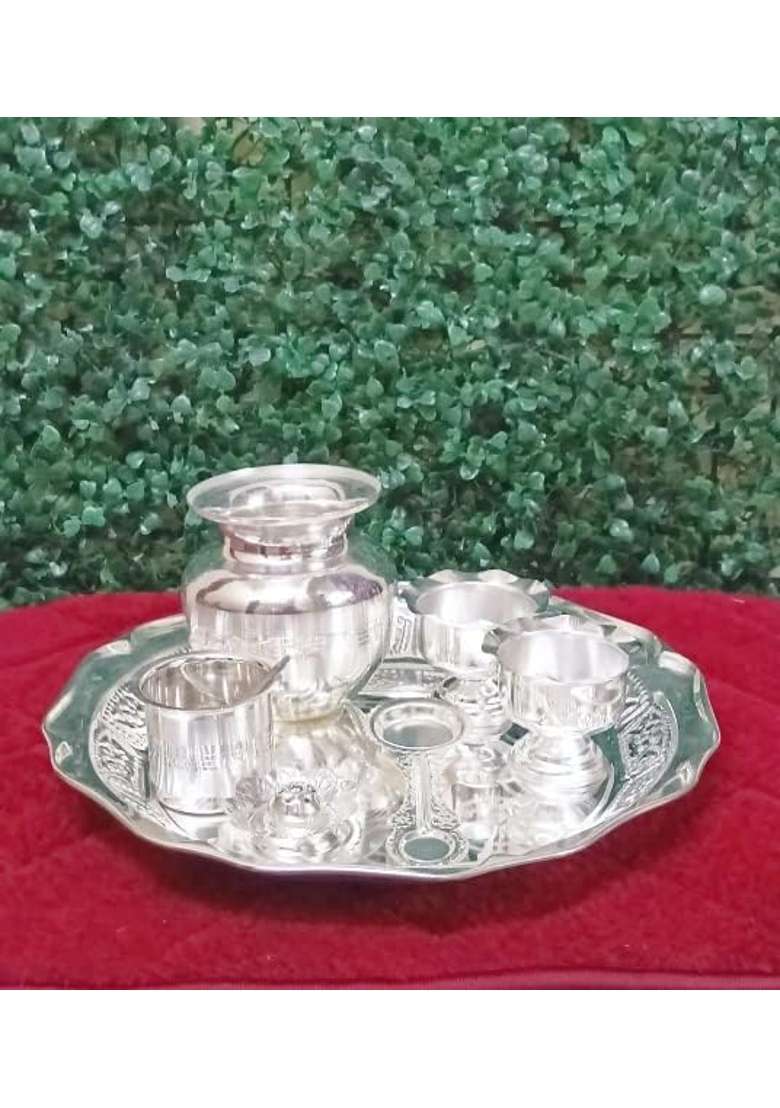 Arya Kitchen Silver Pooja Thali Set with Kalash and Diya Holders 8 Pieces 15 Point 24 CM 620 Grams - Indya