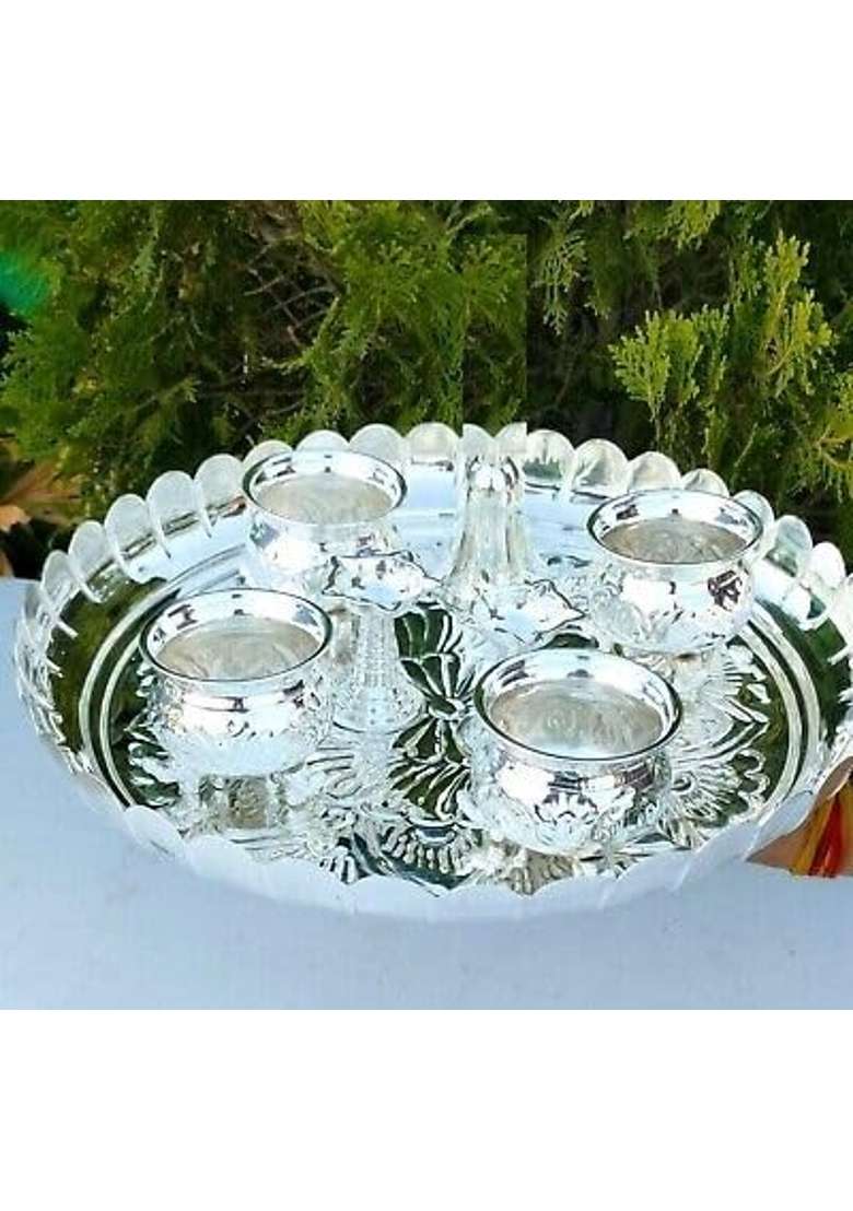 Pure German Silver Big Size Lotus Flower Pooja Thali Plate with Elephants Legs Cup Bowl Combo Set of 5Pcs - Indya