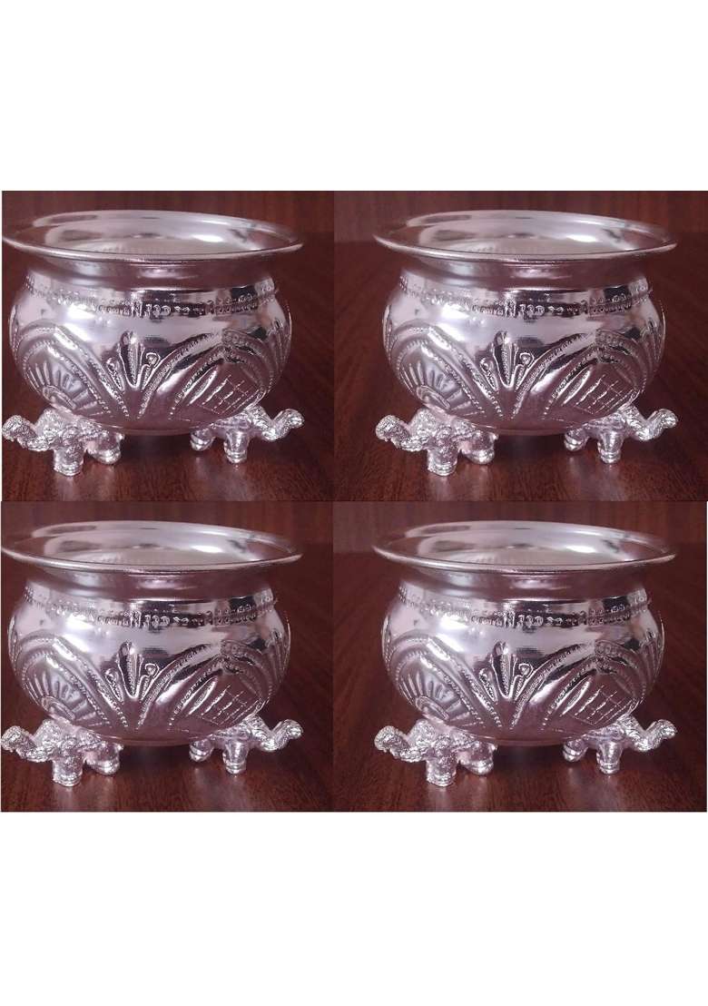Pure German Silver Big Size Lotus Flower Pooja Thali Plate with Elephants Legs Cup Bowl Combo Set of 5Pcs - Indya