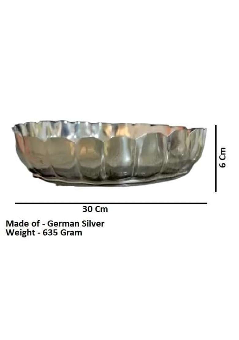 Pure German Silver Big Size Lotus Flower Pooja Thali Plate with Elephants Legs Cup Bowl Combo Set of 5Pcs - Indya