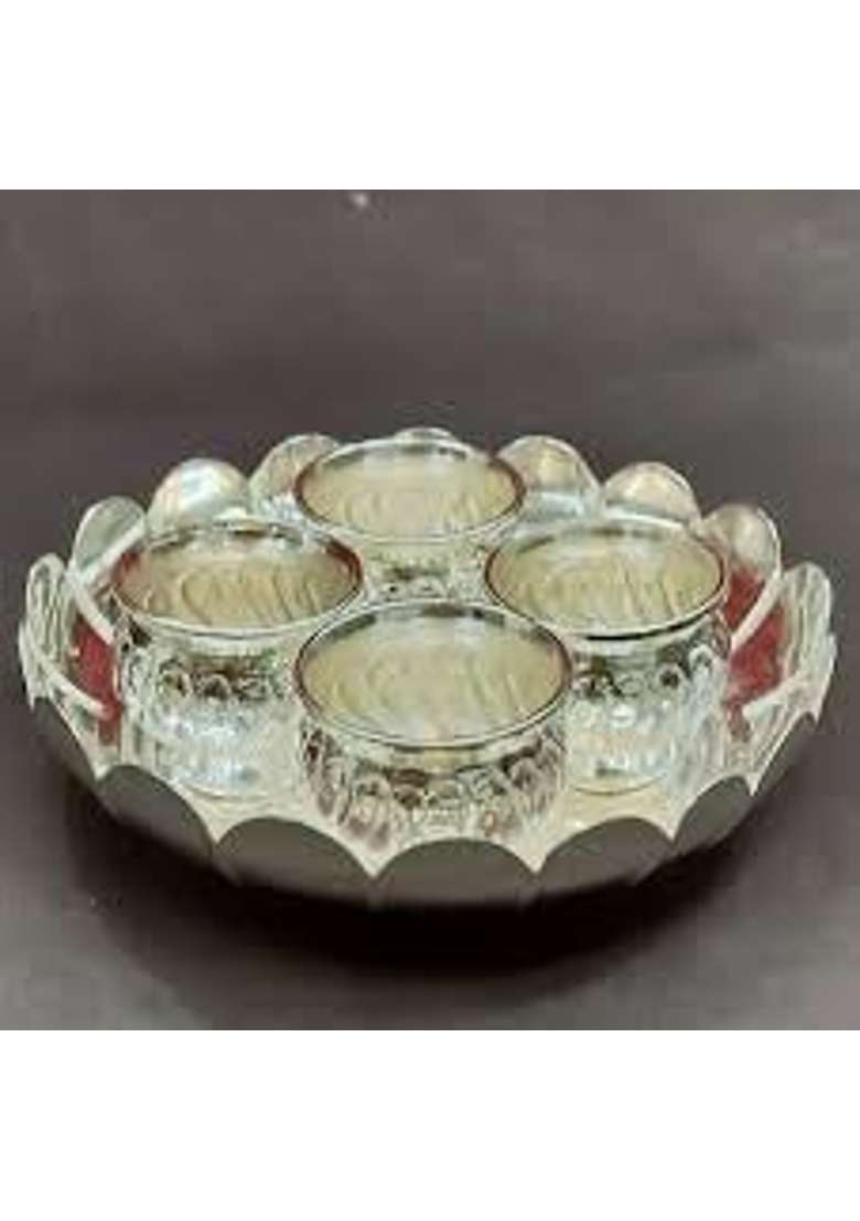 Pure German Silver Big Size Lotus Flower Pooja Thali Plate with Elephants Legs Cup Bowl Combo Set of 5Pcs - Indya