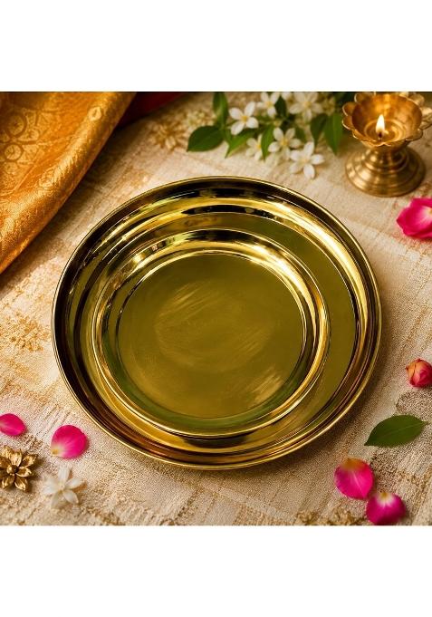 Shaan Mfg Brass Plate for Dinner Khumcha Thali Heavy Big Size Plate for Dining Set of 2