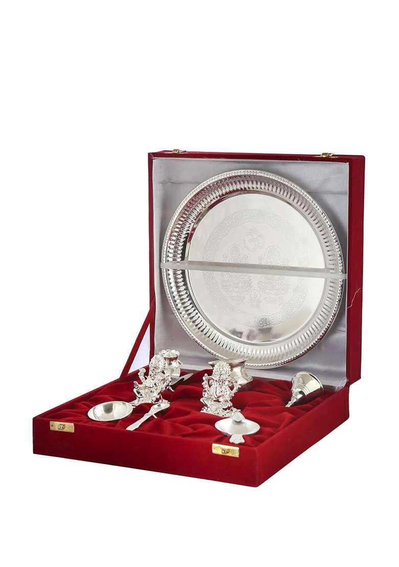 Rkonect Silver Plated Laxmi Ganesh with Pooja Thali Pcs in Velvet Box Set of 9 - Indya