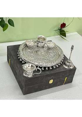 SHRI Kaila MAI Traders German Silver Antique Pooja Thali with Full Ghungru Layer Home Mandir Decorative Plate