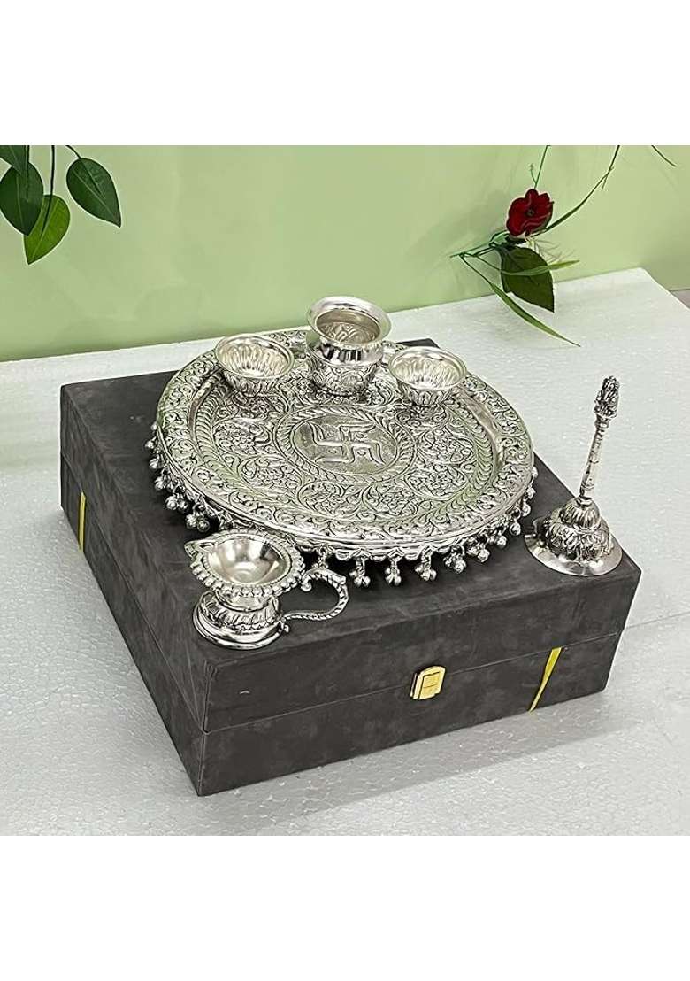 SHRI Kaila MAI Traders German Silver Antique Pooja Thali with Full Ghungru Layer Home Mandir Decorative Plate - Indya