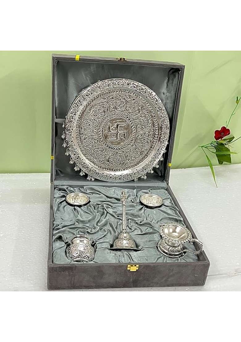 SHRI Kaila MAI Traders German Silver Antique Pooja Thali with Full Ghungru Layer Home Mandir Decorative Plate - Indya