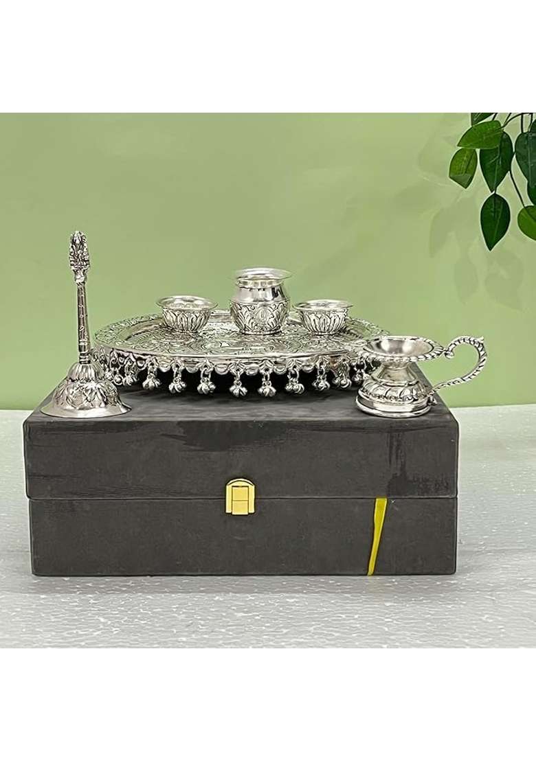 SHRI Kaila MAI Traders German Silver Antique Pooja Thali with Full Ghungru Layer Home Mandir Decorative Plate - Indya