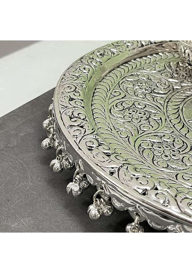 SHRI Kaila MAI Traders German Silver Antique Pooja Thali with Full Ghungru Layer Home Mandir Decorative Plate - Indya