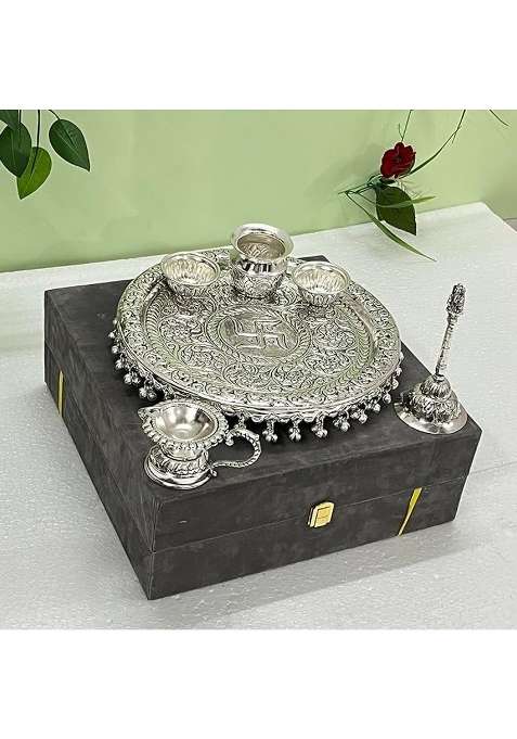 SHRI Kaila MAI Traders German Silver Antique Pooja Thali with Full Ghungru Layer Home Mandir Decorative Plate
