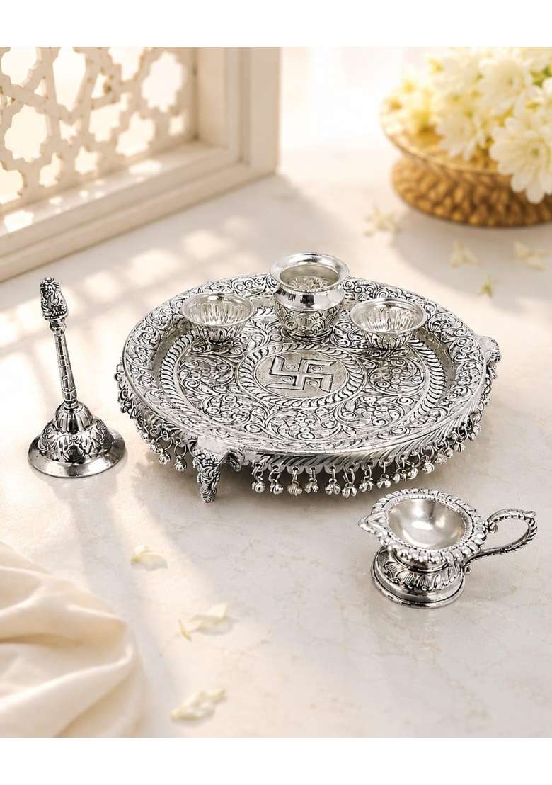 German Silver Pooja Thali Set with Full Ghungroo Layer Decorative Aarti Plate with Kalash - Indya