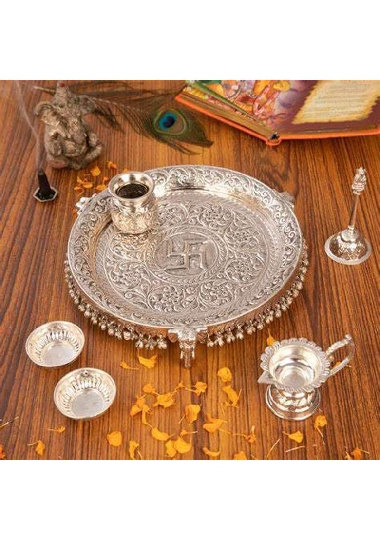 German Silver Pooja Thali Set with Full Ghungroo Layer Decorative Aarti Plate with Kalash - Indya