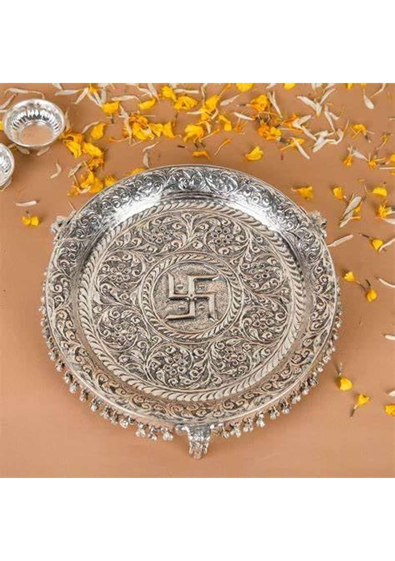 German Silver Pooja Thali Set with Full Ghungroo Layer Decorative Aarti Plate with Kalash - Indya