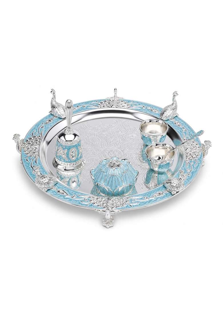 Dora Gifting German Silver 12 Pooja Thali Set Combo of 6 Pieces Pooja Items Wedding Return Gifts - Indya