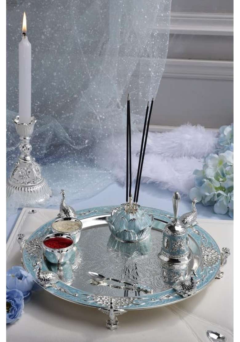 Dora Gifting German Silver 12 Pooja Thali Set Combo of 6 Pieces Pooja Items Wedding Return Gifts - Indya