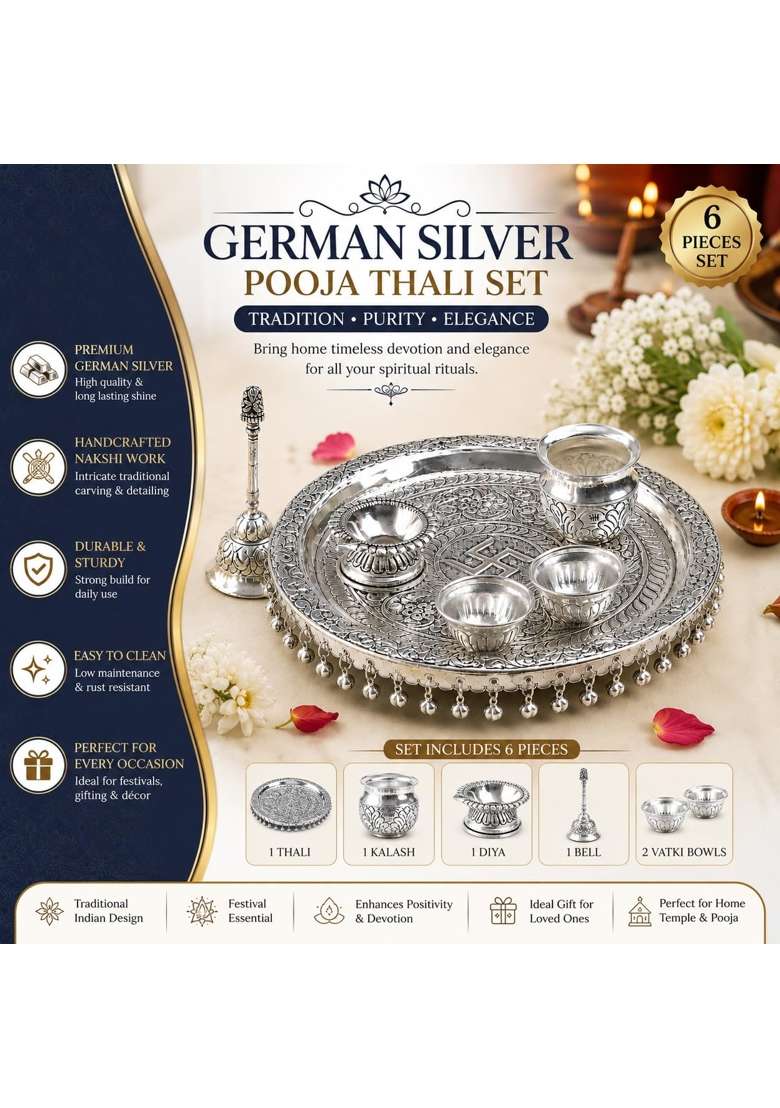 Akshat Enterprises German Silver Pooja Thali Set with Kalash Diya Bell and 2 Vatki Bowls - Indya