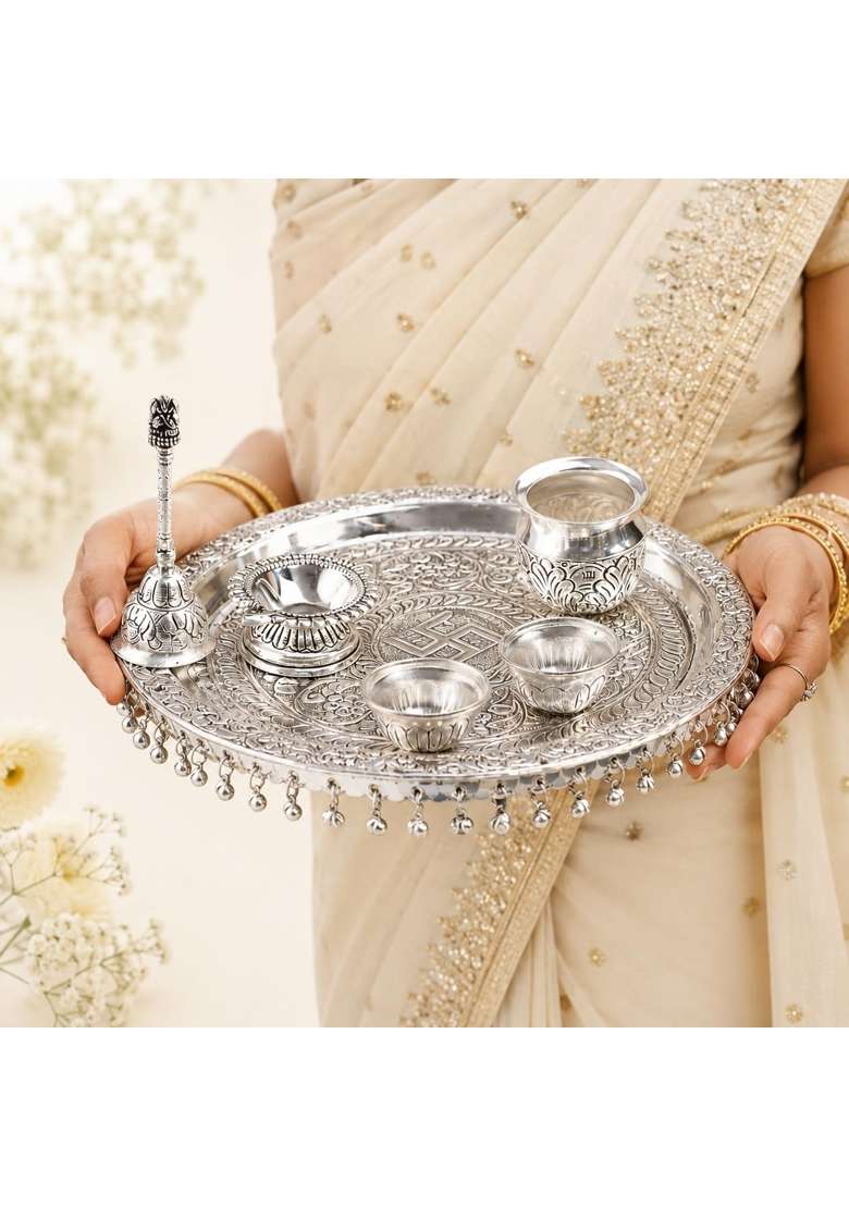 Akshat Enterprises German Silver Pooja Thali Set with Kalash Diya Bell and 2 Vatki Bowls - Indya