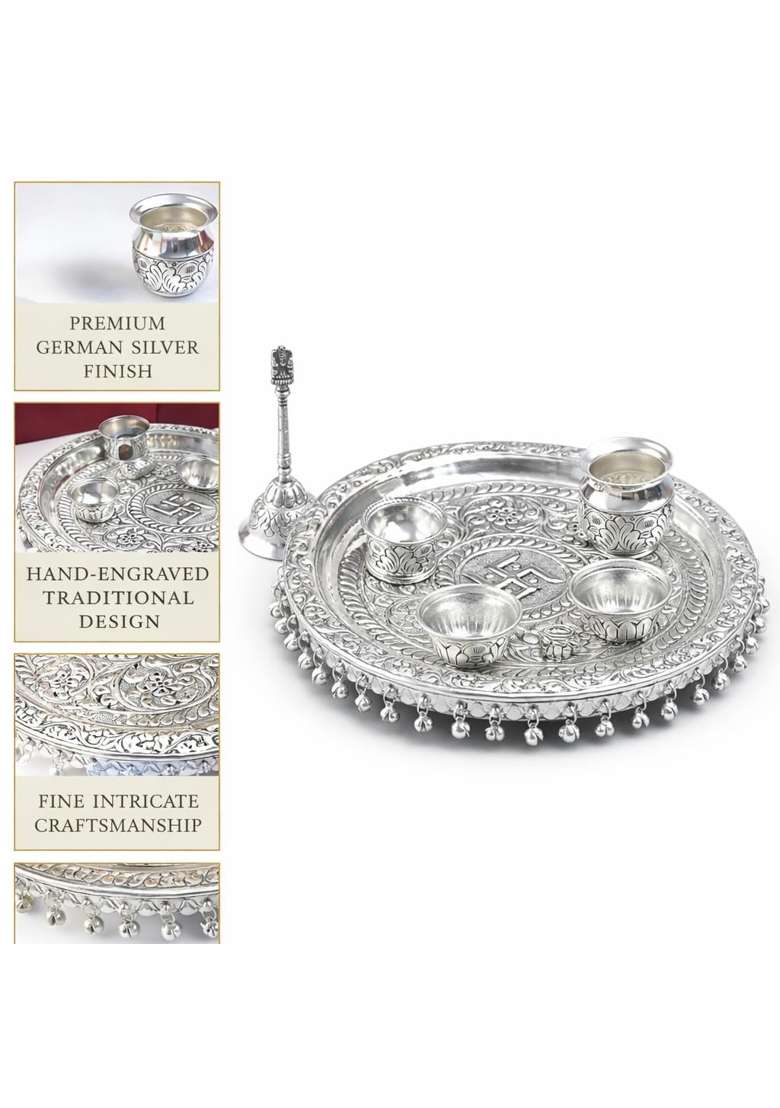 Akshat Enterprises German Silver Pooja Thali Set with Kalash Diya Bell and 2 Vatki Bowls - Indya