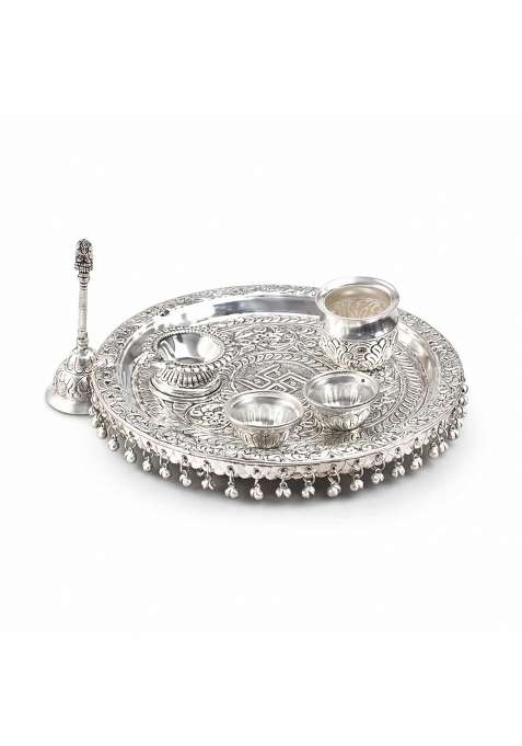 Akshat Enterprises German Silver Pooja Thali Set with Kalash Diya Bell and 2 Vatki Bowls