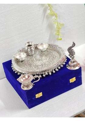SHRI Kaila MAI Trders German Silver Antique Pooja Thali with Full Ghungru Layer Home Mandir Decorative Pooja