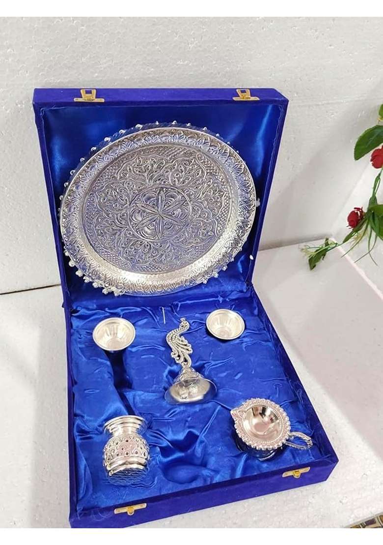 SHRI Kaila MAI Trders German Silver Antique Pooja Thali with Full Ghungru Layer Home Mandir Decorative Pooja - Indya