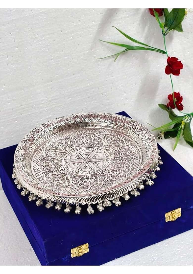 SHRI Kaila MAI Trders German Silver Antique Pooja Thali with Full Ghungru Layer Home Mandir Decorative Pooja - Indya