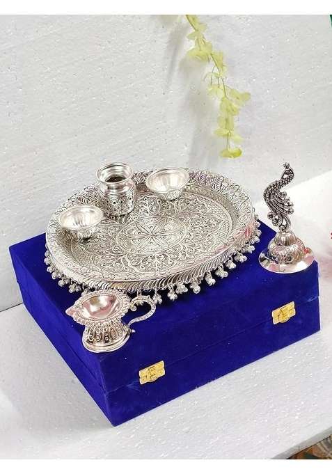 SHRI Kaila MAI Trders German Silver Antique Pooja Thali with Full Ghungru Layer Home Mandir Decorative Pooja
