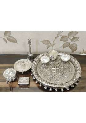 Mishita Collections German Silver Hand Engraved Heavy Pooja Thali Diameter 10 and Half Set of 8