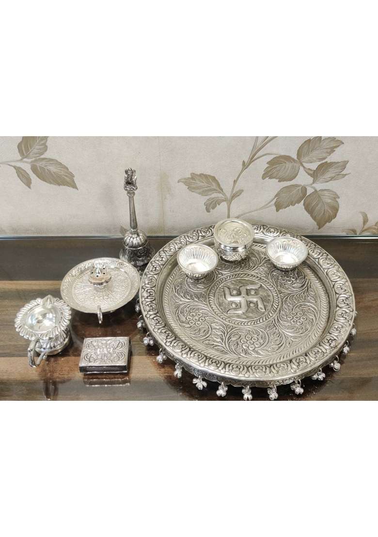 Mishita Collections German Silver Hand Engraved Heavy Pooja Thali Diameter 10 and Half Set of 8 - Indya